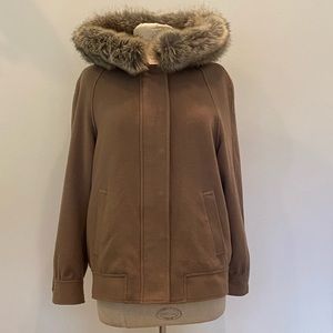 Lauren Ralph Lauren Tan Wool Jacket w Hood w Faux Fox Fur Trim / Womens Size M
